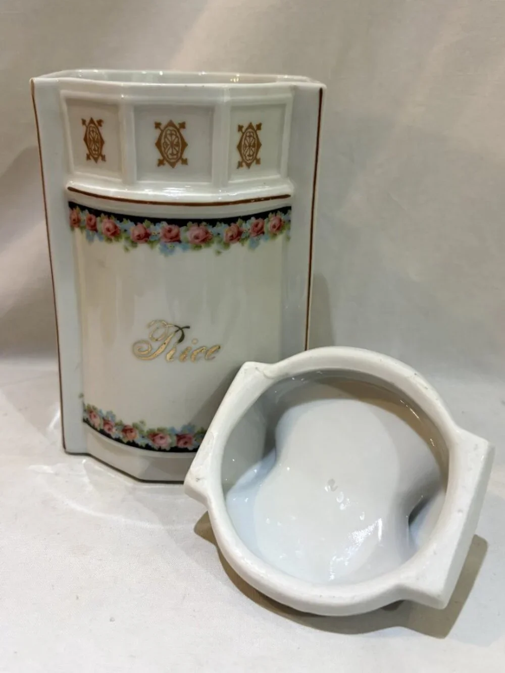 Vintage German Porcelain Rice Canister with Lid Rose Pattern